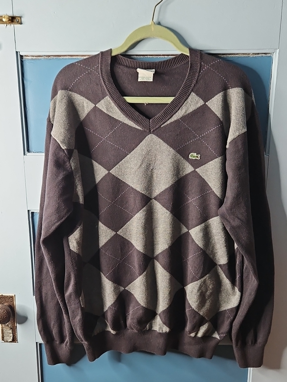 Lacoste Men's Argyle V-Neck Sweater in Dark Gray and Light Gray